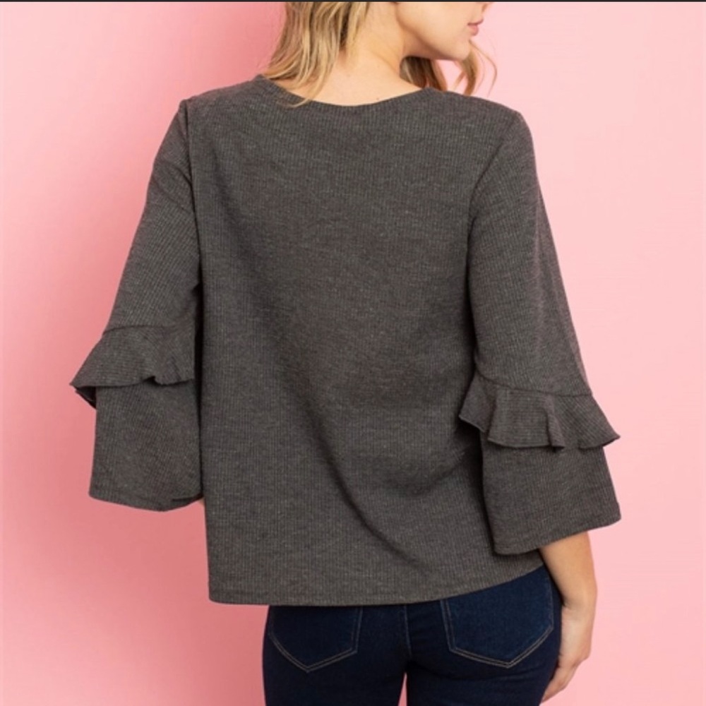 Layered Ruffled Sleeved Waffled Ribbed Top - Picture 2 of 4